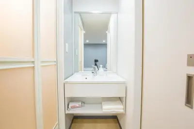 a bathroom with a sink and a mirror at \u8535\u524d\u99c5\u5f92\u6b693\u5206 \u6771\u4eac\u30b9\u30ab\u30a4\u30c4\u30ea\u30fc\u773a\u671b\u306e\u5feb\u9069\u5bbf YoEL in Tokyo