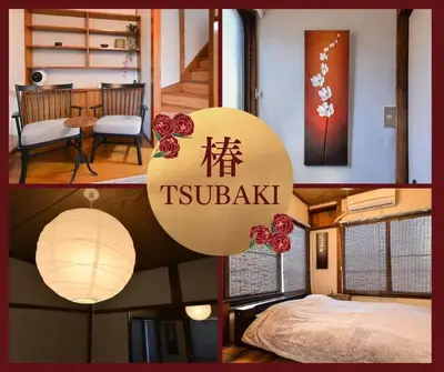 a collage of three pictures of a room with a bedroom at \u693f Tubaki in Tokyo
