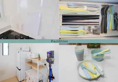 two pictures of a kitchen with a refrigerator at Magazine Home Tokyo Spacious 93 3BR Skytree7 minutesAsakusa12 minutes by train in Tokyo