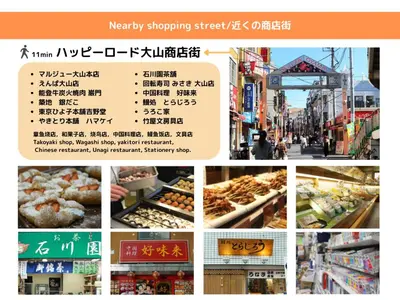 a collage of photos of a street with food at \u5927\u5c71\u6c11\u6cca \u6f2b\u753b\u5c0f\u5c4b \u6700\u59278\u4eba \u8907\u5f0f2\u5c64 \u6c60\u888b\u96fb\u8eca 5\u5206 in Tokyo