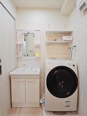 a washing machine in a bathroom with a sink at \u5927\u5c71\u99c5\u5f92\u6b698\u5206 \u6c60\u888b\u307e\u3067\u96fb\u8eca\u30675\u5206 \u6700\u59276\u4eba\u5bbf\u6cca in Tokyo