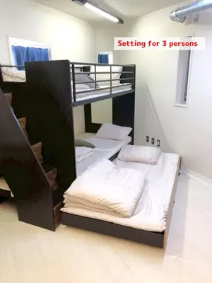 a room with three bunk beds with white sheets at Hot Deal! Simple, no-frills room 3 guest in Tokyo