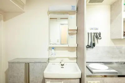 a bathroom with a sink and a toilet and a mirror at \u6771\u4eac\u99c5\u3084\u79cb\u8449\u539f\u99c5\u304b\u3089\u96fb\u8eca\u3067\u30a2\u30af\u30bb\u30b9\u826f\u597d in Tokyo