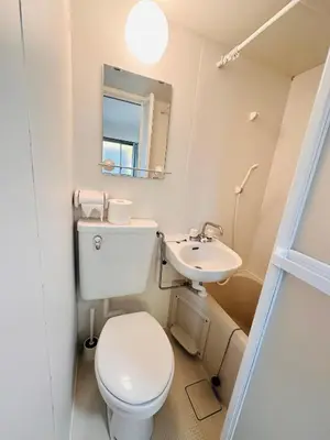 a bathroom with a toilet and a sink and a mirror at Toho so Inn in Tokyo