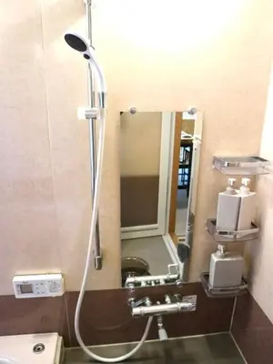 a bathroom with a mirror and a toilet and a sink at Palette house Spacious 56 sqm Tokyo Apartment near Station in Tokyo