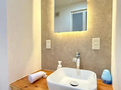 a bathroom with a white sink and a mirror at \u685c\u5357\u5927\u585a\u30cf\u30a6\u30b9 i in Tokyo