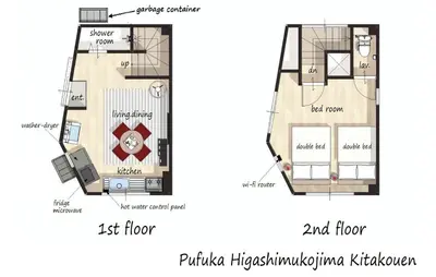 a floor plan and elevation of a house at Pufuka\u6771\u5411\u5cf6\u5317\u516c\u5712 in Tokyo