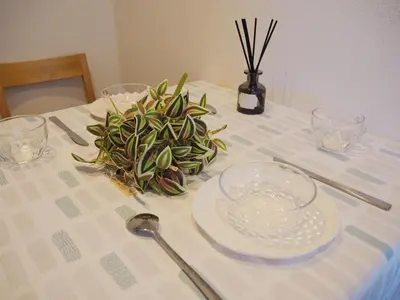 a table with plates and a potted plant on it at Subway 2min Skytree#6min Asakusa in Tokyo
