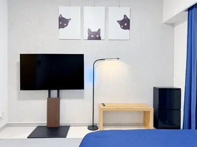 a bedroom with a tv and a bed with cats on the wall at Triphome Shinjuku East in Tokyo