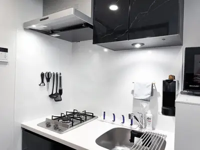 a kitchen with a sink and a stove at Triphome Shinjuku East 4F in Tokyo