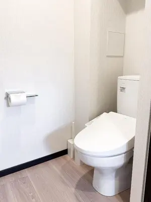 a bathroom with a white toilet and a toilet paper dispenser at Triphome Shinjuku East 4F in Tokyo