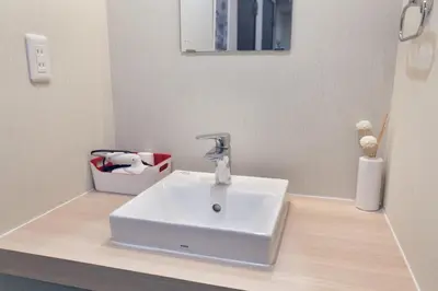 a bathroom with a white sink and a mirror at Miraisya Hikifune in Tokyo
