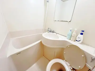 a bathroom with a toilet and a sink and a mirror at Takadanobaba RedH in Tokyo