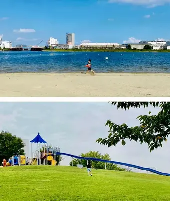 two pictures of a boy playing with a frisbee on a beach at F Hotel \u65b0\u7bc9\u30a2\u30d1\u30fc\u30c8 \u8fd1\u304f\u306b\u54c1\u5ddd\u3068\u7fbd\u7530\u7a7a\u6e2f \u65e0\u6599\u99d0\u8eca\u5834\u4e88\u7d04\u5fc5\u9808 in Tokyo