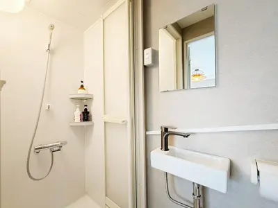 a bathroom with a shower and a sink and a mirror at Tokyo Hakusan Louis Apartment near TOKYO DOME close to Yamanote Line in Tokyo