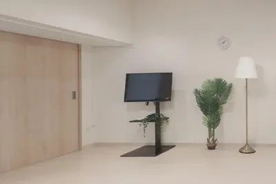 a tv on a wall in a room with a plant at 1 minute from Higashi-Shinjuku Station Large living room in Tokyo