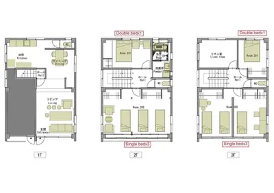 a floor plan of three different houses at t plus house ryogoku in Tokyo