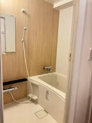 a bathroom with a white bath tub and a mirror at TOMI Hotel in Tokyo