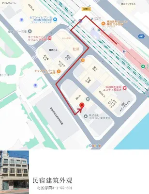 a map showing the location of the hotel at \u6771\u4eac\u685c\u306e\u5bbf in Tokyo
