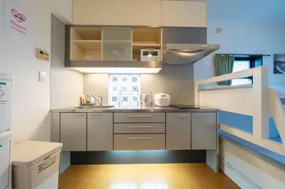 a small kitchen with white cabinets and a sink at 3A SHIBUYA Cozy Bright Apartment, 28sqm, free wifi, MAX 5PP in Tokyo