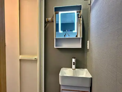 a bathroom with a sink and a mirror at 32A Ikebukuro, 2 bedrooms and 1 living room, 7 mins to ST Max 4P \u6c60\u888b \u5168\u65b0\u88c5\u4fee \u4e24\u5ba4\u4e00\u5385 \u4ea4\u901a\u4e2d\u5fc3 \u8f66\u7ad97\u5206\u949f \u6700\u59274\u4eba \u76f4\u8fbe\u65b0\u5bbf \u6d89\u8c37 \u8868\u53c2\u9053 \u54c1\u5ddd \u6c60\u888b \u4e0a\u91ce \u4ee3\u4ee3\u6728 \u94f6\u5ea7 \u539f\u5bbf in Tokyo