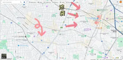 a map of a city with red arrows at \u4e1c\u4eac#3\u6574\u5957\u623f\u6e90\u8fd1\u6c60\u888b\u65b0\u5bbf\u72ec\u7acb\u6d17\u624b\u95f4\u53a8\u623f\u53cc\u5e8a\u53ef\u4f4f2\u52303\u4eba in Tokyo
