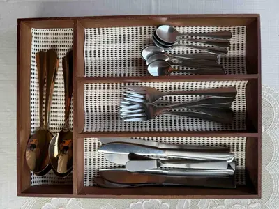 a wooden drawer filled with silver utensils at Direct to Akihabara Shinjuku Max 6 people in Tokyo