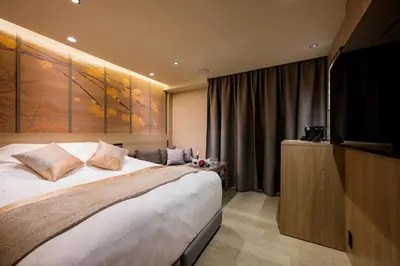 a bedroom with a large bed and a flat screen tv at HOTEL MINATO Azabu-juban in Tokyo