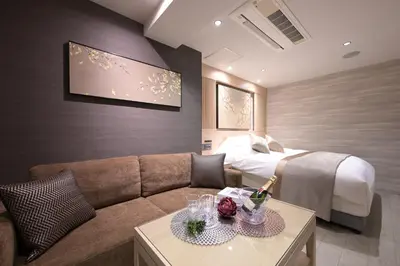 a hotel room with a couch and a bed at HOTEL MINATO Azabu-juban in Tokyo