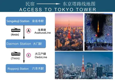 a collage of pictures of the tokyo tower at 7th floor 702 with elevator, Minato area, 40 square meters, near Tokyo Tower, direct train to Haneda Airport, Narita Airport in Tokyo