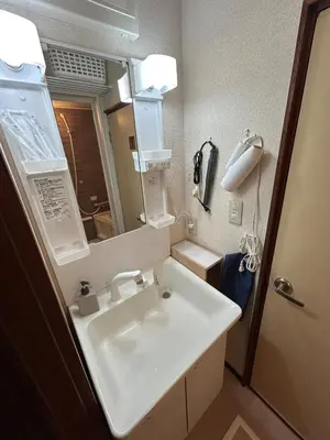 a bathroom with a white sink and a mirror at Unique house mixed Japanese and European old style in Tokyo