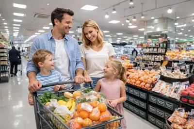a family shopping in a grocery store with a shopping cart at 7th floor 701 with elevator 40 square meters in the port area, close to Tokyo Tower, direct access to Haneda Airport in Tokyo