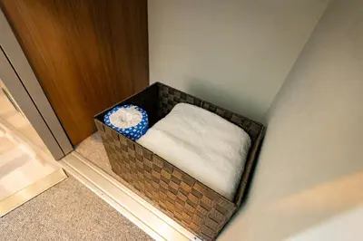 a basket with a white pillow in a corner at ksi\u5357\u5e38\u76e4\u53f0501 in Tokyo