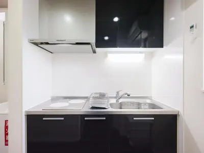 a kitchen with a sink and black cabinets at \u30bc\u30a6\u30b9\u6c60\u4e0a Zeus Ikegami in Tokyo