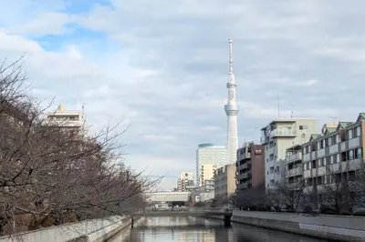 a river in a city with a tower in the background at Tokyo Retreat -SUMIDA- in Tokyo