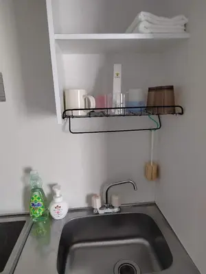 a kitchen sink with a shelf above it at \u6771\u4eac\u5929\u7a7a\u4e4b\u5bb6\u65c5\u9986103\u72ec\u7acb\u516c\u5bd3 \u72ec\u7acb\u536b\u6d74 in Tokyo