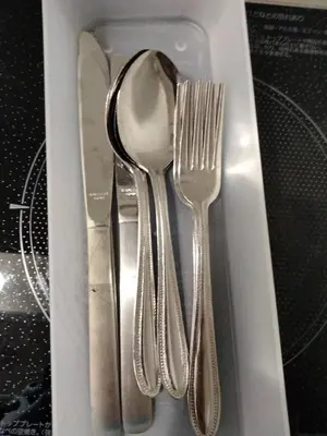 twosilver utensils in a drawer with a knife and fork at \u6771\u4eac\u5929\u7a7a\u4e4b\u5bb6\u65c5\u9986103\u72ec\u7acb\u516c\u5bd3 \u72ec\u7acb\u536b\u6d74 in Tokyo