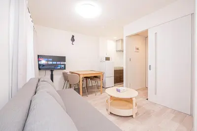 a living room with a couch and a table at 67 Apartment Ueno in Tokyo
