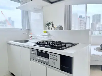 a white kitchen with a stove and a sink at Terrace Tokyo Otsuka North in Tokyo