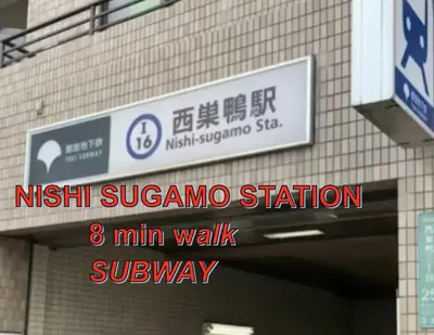 a sign for a nishi suzuki station min walk subway at Cozy Room near Shinjuku Shibuya Ikebukuro in Tokyo