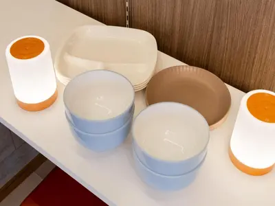 four bowls sitting on a counter next to at Ikebukuro-Shinjuku-5min Zoshigaya Sta-Easy train access to Shinjuku and Shibuya in Tokyo