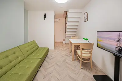 a living room with a green couch and a table at Japan House Edogawabashi Retaw Hills Aprtment in Tokyo