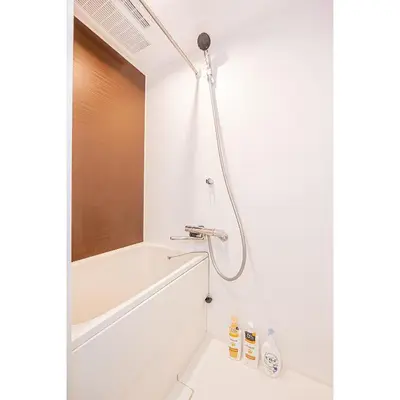 a shower in a white bathroom with a sink at Japan House Edogawabashi Retaw Hills Aprtment in Tokyo
