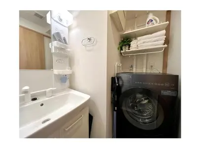 a bathroom with a washing machine next to a sink at Generous Forest 101 in Tokyo