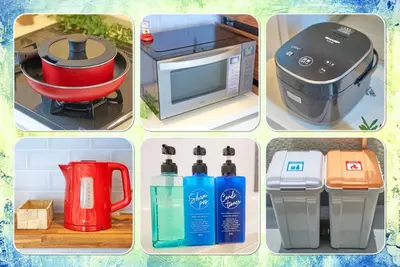 a collage of four pictures of different kitchen items at Sumida A Cozy Entire House Sleeps 8 Near Station Tokyo Skytree Asakusa in Tokyo
