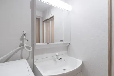a white bathroom with a sink and a mirror at \u30f4\u30a3\u30f3\u30c6\u30fc\u30b8CiTY\u4e21\u56fd in Tokyo