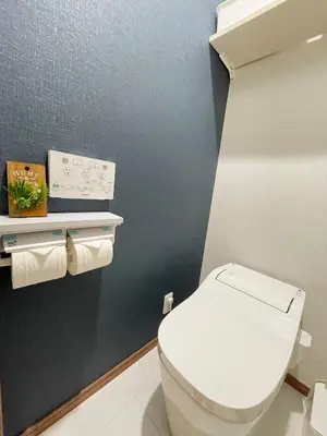 a bathroom with a white toilet and a blue wall at \u30df\u30ce\u30eb\u30d0\u91d1\u753a in Tokyo