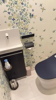 a bathroom with a toilet and a sink with birds on the wall at New open! Ikebukuro smart home \u6728\u6728\u65b0\u9928 in Tokyo