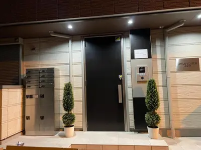 a black door of a building with two potted plants at OPEN SALE! Stylish Stay near AKIHABARA! May2025 Open! \u79cb\u8449\u539f CORE HOTEL in Tokyo