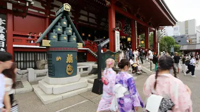 a group of people walking in front of a temple at 201 Modern Ueno House Lucky Yado in Tokyo